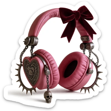 Add spiked hoops, a dangling skull charm, and a velvet ribbon to the realistic pink gothic headphones with heart-shaped ear cups, metallic chains, and gothic engravings. Keep the background transparent. Maintain the realistic pink gothic style with metallic and velvet textures. sticker