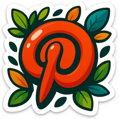 Chunky, soft, and glossy Pinterest logo, cartoon style, bold outline, strong shadows, bright highlights, decorated with colorful leaves, no background. Extra attention to contours and shine, in the style of the reference image. sticker