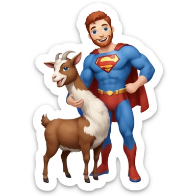 Full body Adult Superman Blue Eyes Scruffy Redish hair and redish trimmed Beard Muscle happy holding a happy laughing goat with blue hair sticker