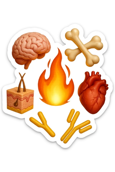 EMOJI STILE IPHONE 3D DI cervello, ossa, cuore, porzione di epidermide e cellule di anticorpi che girano in tondo, al centro di questi elementi c'è una fiamma 3d  FALLO MOLTO REALISTICO IN 3D sticker