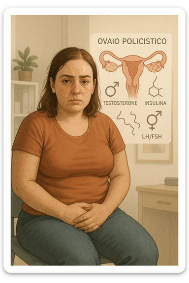 Donna tra i 25 e i 35 anni, con espressione stanca ma determinata, seduta in uno studio medico o nella sua stanza, con mani sul basso ventre. Sullo sfondo un diagramma trasparente o fluttuante di ovaie con cisti multiple, ormoni stilizzati in disequilibrio (testosterone, insulina, LH/FSH). Leggeri segni visivi di sintomi tipici: acne sul viso, lieve aumento di peso, capelli leggermente diradati in zona frontale. Ambiente realistico ma con elementi educativi e simbolici. Toni tenui ma caldi, stile empatico e informativo. in italiano sticker