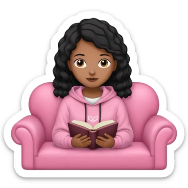 Una chica linda de cabello negro con ondas hasta los hombros de piel blanca con una sudadera rosa en un sofá cómodo y hermoso leyendo la biblia sticker