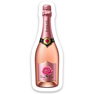 bottle of sparkling rosé champagne with a rose logo on the label, tilted up and to the right, no glass sticker