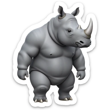 cinematic-rhino-full-body-standing-emoji,slate grey skin -massive-body-poised-powerfully,-thick-horn-curving-slightly-forward,-head-tilted-dramatically,-rough-grey-hide-covered-in-dust,-simplified-focused-features, sticker