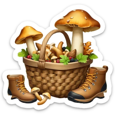 Icon for Mushroom and Berry Tourism: a basket filled with mushrooms chanterelles, boletus and aspen and berries, surrounded by forest elements like trees, leaves and a hiking boots. The icon should capture the joy of foraging in nature. Transparent background. sticker
