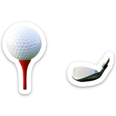 A golf ball on a tee with a golf club placed beside it, set against the backdrop of a well-manicured green golf course. The scene emphasizes the equipment and serene atmosphere of the sport, with soft lighting and a peaceful, open landscape sticker
