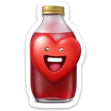 A red heart ❤️ with eyes, a mouth, and hands, looking tipsy and drunk, holding a bottle of drink in one hand, with a playful, wobbly expression sticker