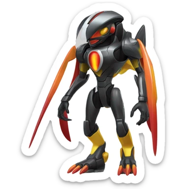 a shiny metallic black-red-orange-yellow Genesect-Flygon-Raptor-Fakémon-Medabot-hybrid with a futuristic visor-helmet full body sticker