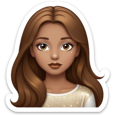 Girl with long brown hair with sparkly white eyeshadow and sparkles on face and bronze lipstick  sticker