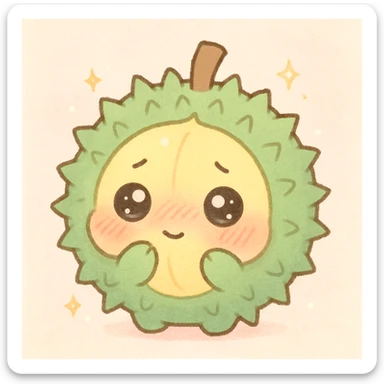 cute, round chibi durian with green spikes, yellow inside, blushing, shy expression, sparkly eyes, pastel colors sticker