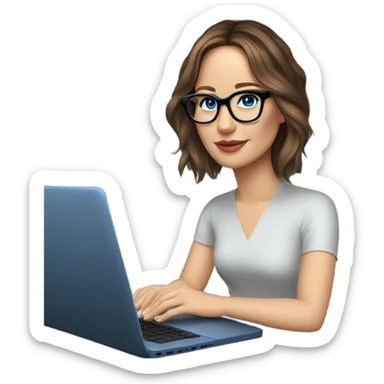 Realistic Photo of Brunette Jennifer Lawrence wearing black glasses and blue eyes talking on their laptop  sticker