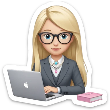Please take the girl with laptop emoji and make her glassess light brown, her eyes ocean blue and her nose a bit smaller and pointier and she has blonde very long hair and a dark grey suit and pearls necklace, and has a laptop in fron of her and a tiny pink bow on the left side of her head sticker
