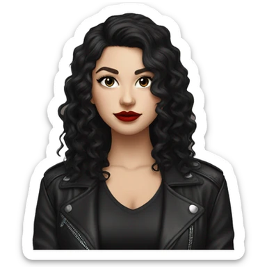White girl, with long curly black hair, with red lipstick, black winged eyeliner, wearing black shirt and black leather jacket sticker