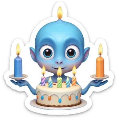 A cute friendly alien holding a birthday cake with candles, big expressive eyes, bright colors, cartoon style, playful atmosphere, 3D animated look, Pixar-inspired, highly detailed
 sticker