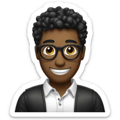 un chico con pelo negro con lentes negros y sonriendo que lleve un polo blanco y una chauqeta de color negro  sticker