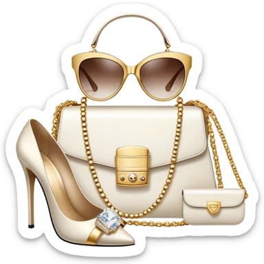 A photorealistic icon featuring luxurious fashion accessories like a high-end handbag, elegant high heels, a sparkling diamond necklace and a stylish pair of sunglasses. The design includes gold accents, purfume, and glamorous textures, fashion, and VIP luxury. Transparent background sticker