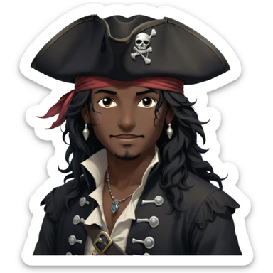 A charismatic pirate with wavy black hair that falls just past his shoulders, tousled slightly by the sea breeze. He wears a black tricorn hat with subtle silver embroidery along the edges, casting a shadow over his sharp, confident features. His piercing dark eyes glint with mischief as he gazes to the side, a knowing smile playing at his lips. His well-fitted black coat, adorned with polished silver buttons and intricate stitching, moves slightly with the wind, revealing glimpses of a deep-crimson waistcoat underneath. A silver chain dangles from his belt, catching the dim golden light of the setting sun. His posture is relaxed yet assured, exuding effortless charm as if he owns the sea itself. sticker