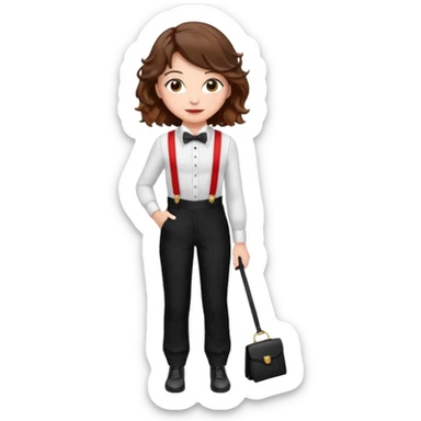 Woman with wavy brown hair and hazel eyes wearing black tuxedo pants with red suspenders sticker