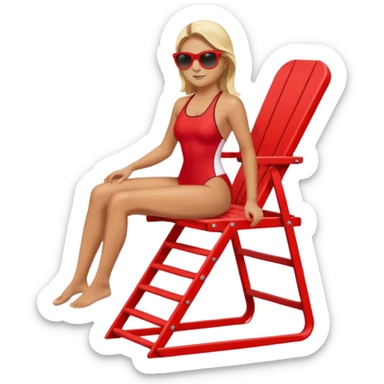 Female lifeguard – red swimsuit, sunglasses, sitting on tall lifeguard chair. sticker