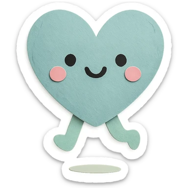kawaii soft teal heart character jumping happily, no arms, no legs, full body, soft pastel kawaii paper craft style sticker
