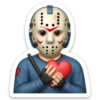 a cartoon image of Jason Voorhees, looking cute, with his hands clasped in front of him, at a sideways angle, looks like he is in love sticker