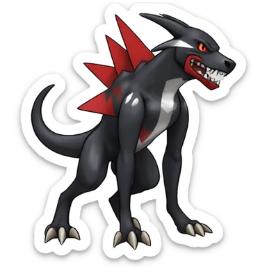 Black Cool Edgy Nargacuga-Houndoom-Garchomp Fakémon Digimon with Red and white Edgy markings, full body, outlined, sharp line Art sticker