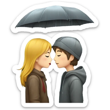 one girl one boy kiss in rain with dark background and trees sticker