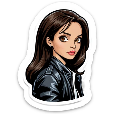 Jolie brune blouson de cuir noir t-shirt blanc fond noir sticker