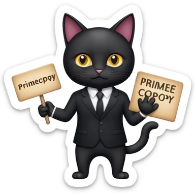 Black Cat in a black business suit holding a sign that says "PrimeCopy" sticker