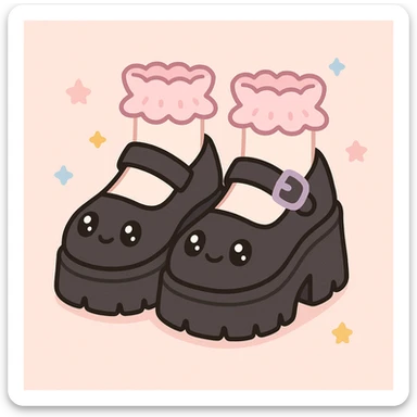 Add cute frilly pastel socks to the BLACKPINK-inspired gothic shoes with pastel lavender accents, keep them kawaii style, no hearts. sticker