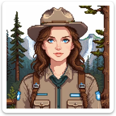 white woman park ranger with brown hair and blue eyes in a nature background sticker