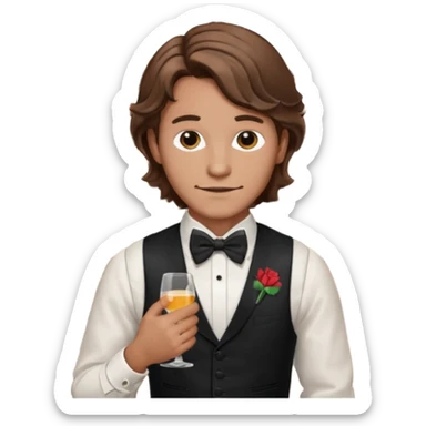 a bartender man with bow tie and vest, having brown wavy hair and tattoo 















 sticker
