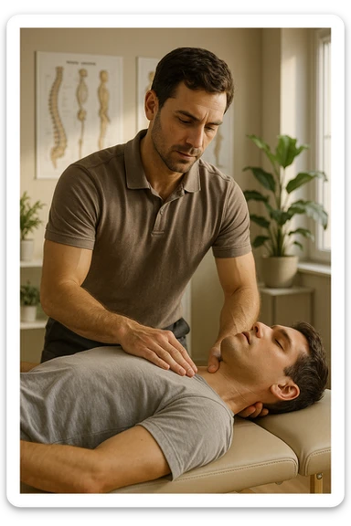 A realistic, cinematic illustration of a professional osteopath in his late 30s, wearing a fitted polo shirt in a neutral color, performing gentle manual manipulations on a patient to improve posture. The osteopath uses precise hand placement along the patient's upper back and cervical spine while the patient lies on a comfortable treatment table in a bright, modern clinic. Anatomical posters showing the spine and posture alignment are on the wall, and the room has warm, natural lighting with plants for a calming atmosphere. The scene emphasizes hands-on osteopathic care to restore body alignment, spinal mobility, and posture, showcasing trust, professionalism, and holistic care sticker