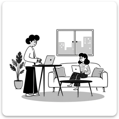 escenary 3d of a cozy mid-century living room with two people working on laptops, one man standing at a desk, and one woman sitting on a couch sticker