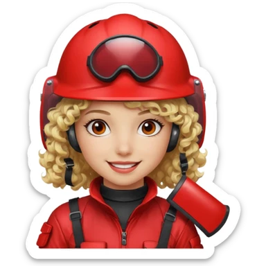 blond curly girl playing paintball with red paintball helmet with eye protection, only face sticker
