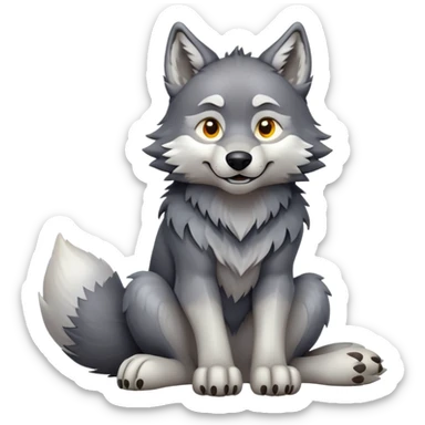 cinematic-[wolf]-realistic-full-body-sitting-emoji,-tail-resting-loosely-beside-its-paws,-head-tilted-dramatically, -scruffy-[grey]-fur,-simplified-yet-realistic-focused-features,-highly-detailed,-glowing-with-an-almost-sarcastic-glow sticker