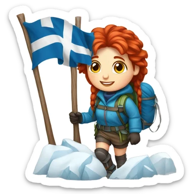 Female winter mountaineer red hair white skin climbing with Greek Flag and Easter eggs basket sticker