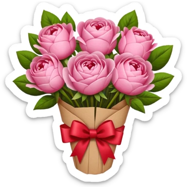 Bouquet of pink flower like rose and peony wrapped in kraft paper with red bow sticker