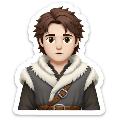 Medieval winter outfit worn by a DnD themed fantasy male character. Heavy slate gray wool tunic with wolf fur trim, featuring carved bone toggles and a wide leather belt with iron buckle. Clothes only above the waist, full waist coverage. The character has no arms. Character is white-skinned with dark copper hair, hazel eyes, and medium-length tousled hair with snow-touched strands. sticker