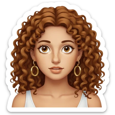 Attractive Greek woman with a wide face, freckles, long curly brown hair and gold hoop earrings sticker