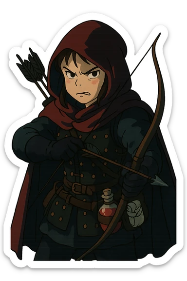 A female rouge , colored hood, wearing brigandine armor with, bow and arrow at the ready, night time shadows, tool belt with red potion and bandages, mischievous frown,  anger sticker