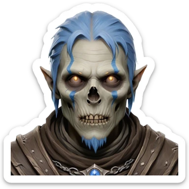 Cinematic Realistic WoW undead civilian Portrait, depicted with decayed yet noble features, his weathered, pallid skin etched with ghostly blue veins and ancient scars. Clad in modest, tattered attire in muted browns and greys that remain consistently rugged, his hollow eyes burn with determined defiance. Rendered with lifelike texture and dramatic natural lighting, high shine, noble and resilient, capturing the stoic spirit of an undead veteran of Azeroth. sticker