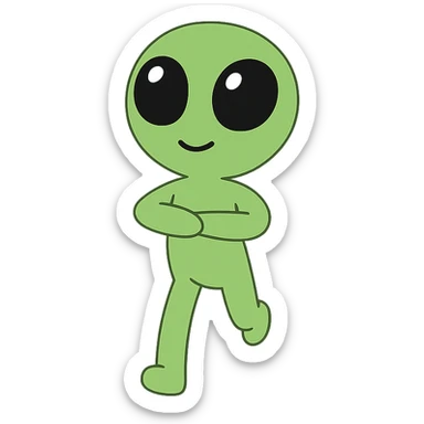 Create a neon green alien dancing, almost identical to the reference image, with minimal changes in the positions of arms and legs, looking straight ahead. This is frame 13 of the animation. PNG with transparent background. sticker