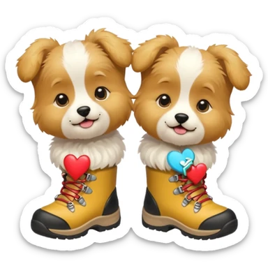2 puppies with hiking boots on and a heart  sticker