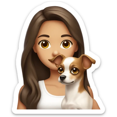 A girl with long brown hair, big brown eyes, very big lips wearing a white singlet top, she is holding a chihuahua that is completely light yellow  sticker