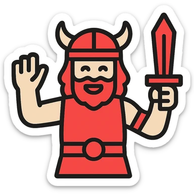 A barbarian waving a sword in greeting, red color sticker