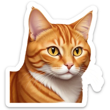 Cinematic Noble Ginger Tabby Cat Portrait Emoji, Poised and regal, with sleek orange-brown fur featuring bold tabby stripes and a distinct M-shaped marking on the forehead, bright amber eyes, Simplified yet sharp and sophisticated features, highly detailed, glowing with a soft, dignified glow, high shine, intelligent and graceful, stylized with an air of elegance, focused and attentive, soft glowing outline, capturing the essence of a watchful and refined feline, so majestic it feels as though it could glide across the screen with effortless confidence! sticker