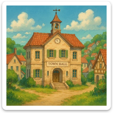 ghibli style village scene with town hall representing a municipality sticker