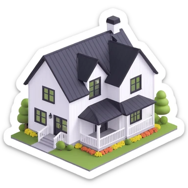 modern farmhouse with white siding, black roof and black trim, isometric sticker