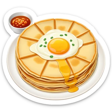 Beijing Jianbing savory crepe with egg, crispy wafer and sauce, simplified emoji style with bold outlines and bright colors, cartoon style popular Chinese breakfast pancake sticker